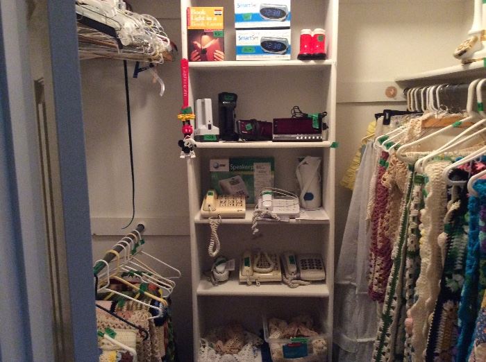 Several vintage telephones, purses, shoes, scarves, crochet doilys and miscellaneous 
