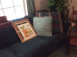 One of 2 sofas - small wall shelf & picture. Draperies also for sale