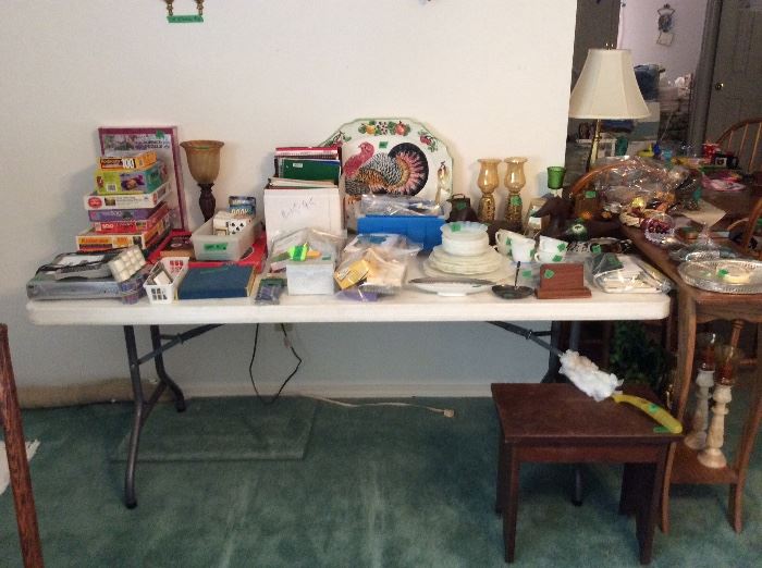 Puzzles, toys, small table, various other items