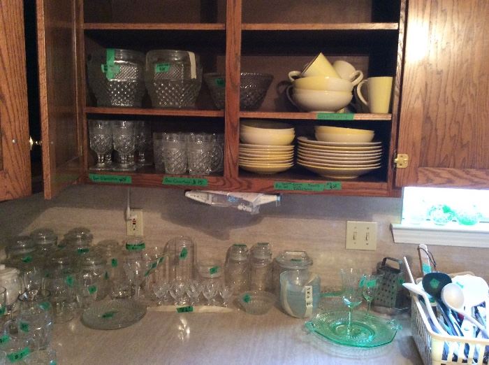 More glasses, s/pmshakers, plates, small yellow set of Gibson dishes, kitchen utensils 