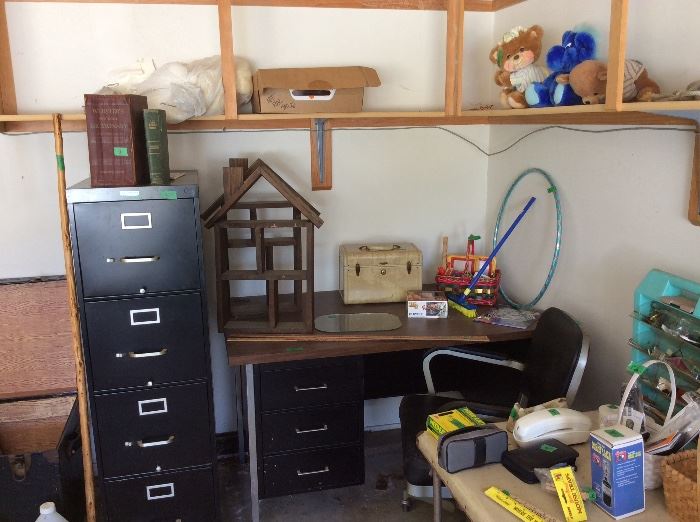 File cabinets, desk, chair, toys 