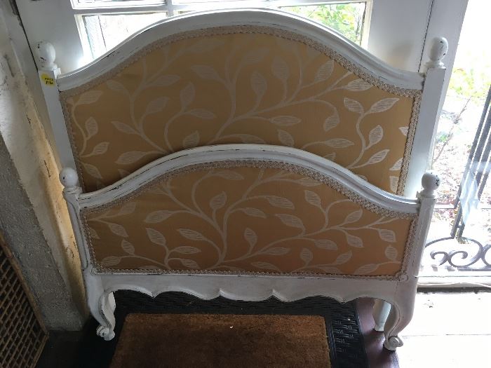 Small French Twin Bed with upholstered headboard & footboard and matching scalloped rails