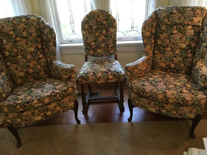 Pair of matching Wingback Chairs with Side Chair covered in matching fabric