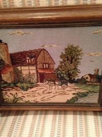 Framed needlepoint country scene