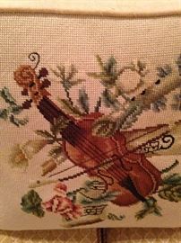 One of two companion needlepoint pillows - violin