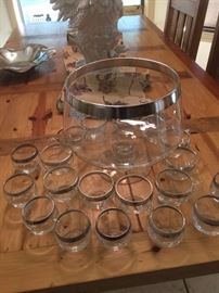 Silver plate rimmed punch bowl and cups