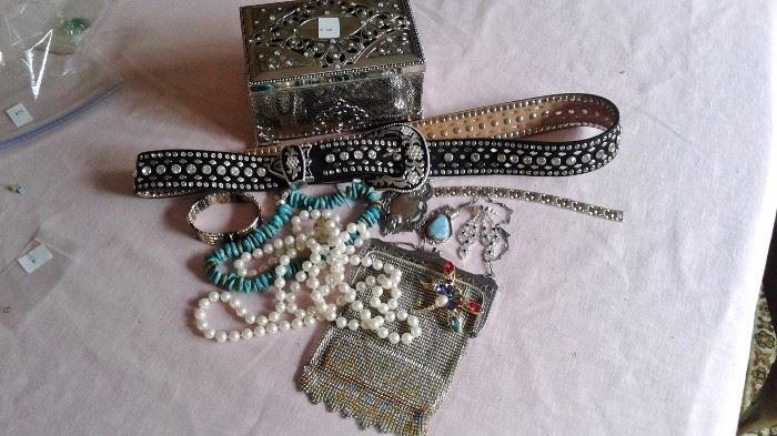 Jewelry items--some turquoise, mesh purse, jeweled belt