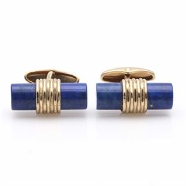 14K Yellow Gold Lapis Lazuli Cufflinks: A pair of 14K yellow gold lapis lazuli cufflinks.
