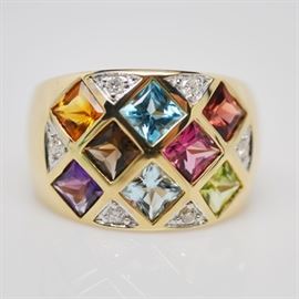 14K Yellow Gold Multi-Gemstone and Diamond Ring: A 14K yellow gold multi-gemstone and diamond ring. This multi-colored ring features a grid design of flush set square-cut stones, with round diamonds in bead and bright-cut settings.