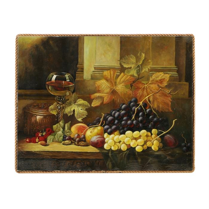 Original Oil Painting on Canvas Autumnal Still Life: An original oil painting on canvas autumnal still life. This painting depicts a bundle of purple and green grapes, autumnal leaves and produced such as pears and plums. This piece is not signed and is presented as an unframed canvas with a rope edge.