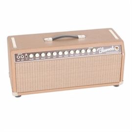 Bluetron Blueverb Tube Amplifier: A vintage style tan Bluetron Bluverb tube-powered amplifier, made in Nashville; featured dials include dual knob reverb control, serial effects, soul knob, and driver tube. The amp features a cloth front with vinyl finish and a black handle on the top.
