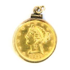 1895 Liberty Head $5 Gold Coin Pendant: A 1895 Liberty head $5 gold coin pendant.
