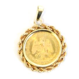 1945 Dos Pesos Gold Coin Pendant: A 1945 Dos Pesos gold coin pendant.