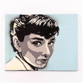 Graffiti Art of Audrey Hepburn: An original piece of graffiti art depicting Audrey Hepburn. The original art piece was created using spray paint and stencils. The artwork was completed on a wooden board and shellacked for protection. Hanging hardware is affixed to the verso. The piece is unsigned.