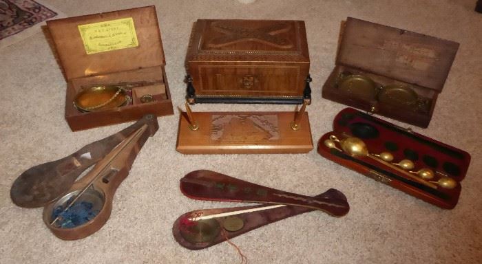Antique inlaid box and weight sets