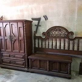 8 piece vintage bedroom set-up dresser, mirror, tall chest,  armoire, hope chest, 2 night stands, queen headboard