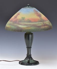 Jefferson Reverse Painted Lamp	
scenic shade with trees
base 23" high, shade 18"diameter
numbered 1843
early 20th century