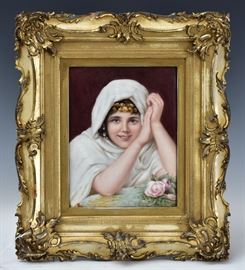 Limoges Porcelain Portrait Plaque
	
A Young Girl with Roses
9" x 6 3/4"
stamped verso "Elite/Limoges/France"
early 20th century