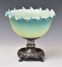 Coraline Glass Center Piece	
with a silver plated Wilcox base
9" diameter, 8" high
circa 1900