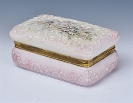 Wave Crest Dresser Box	
with scroll molded lid and decorated with flowers
9 1/2" x 6" x 4 1/4" high
circa 1900