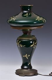 Green Glass Victorian Lamp	
with applied flower decoration
shade 12" diameter, 21 3/4" high overall
early 20th century