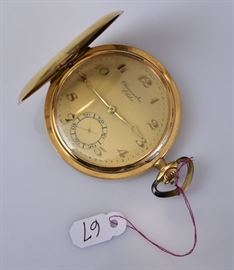 18k Gold Hunter's Case Pocket Watch
Description	
Chronometre Elida
with second hand dial
2" diameter, 43.7 dwt gross