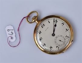18k Gold Invar Pocket Watch	
Milan, 1906
1 3/4" diameter, 38.5 dwt gross