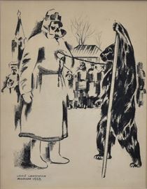 Louis Lozowick	
The Bear Trainer
11 1/2" x 8 1/2" (sight) conte crayon
signed lower left and dated "1928 Moscow"