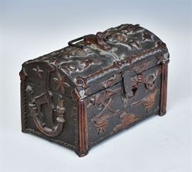 Folk Art Sailor Made Box	
decorated with hearts, shells, stars, 
and whimsical animals including
dogs, birds, giraffes and a sphinx finial
with mirrored back
8 1/2" x 5" x 6 1/2" high
circa 1840