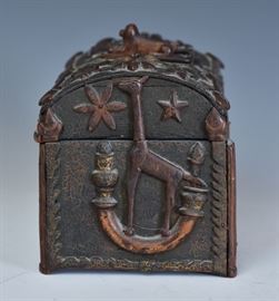 Folk Art Sailor Made Box	
decorated with hearts, shells, stars, 
and whimsical animals including
dogs, birds, giraffes and a sphinx finial
with mirrored back
8 1/2" x 5" x 6 1/2" high
circa 1840