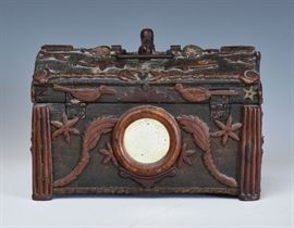 Folk Art Sailor Made Box	
decorated with hearts, shells, stars, 
and whimsical animals including
dogs, birds, giraffes and a sphinx finial
with mirrored back
8 1/2" x 5" x 6 1/2" high
circa 1840