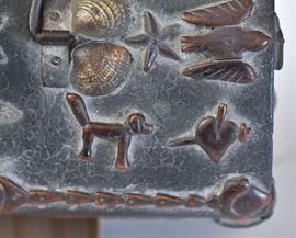 Folk Art Sailor Made Box	
decorated with hearts, shells, stars, 
and whimsical animals including
dogs, birds, giraffes and a sphinx finial
with mirrored back
8 1/2" x 5" x 6 1/2" high
circa 1840