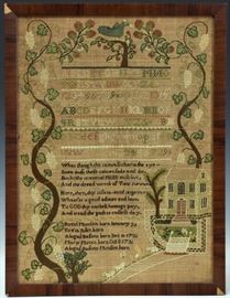 American Needlework Sampler	
with leaf and vine border,
the top with a bird in tree and bottom right
with animals and house
New Haven, Connecticut
late 18th century
Note: Bazel Munson (1730-1803) had three
wives: Kezia Stiles (1730-1769), 
Abigail Bassett (1732-1772), 
Mary Monro(e) (1731-1817); and daughter
Abigail Bassett Munson (1772-1852)