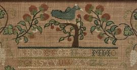 American Needlework Sampler	
with leaf and vine border,
the top with a bird in tree and bottom right
with animals and house
New Haven, Connecticut
late 18th century
Note: Bazel Munson (1730-1803) had three
wives: Kezia Stiles (1730-1769), 
Abigail Bassett (1732-1772), 
Mary Monro(e) (1731-1817); and daughter
Abigail Bassett Munson (1772-1852)