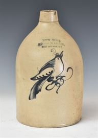 Two Gallon Stoneware Bird Jug	
Large Cobalt Bird-on-Leaf Decoration
15" high
New York Stoneware Co., Fort Edward, N.Y.
late 19th century