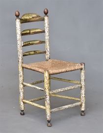 Folk Art Paint Decorated Ladder Back Side Chair	
with four scenic panels across the ladder back
and overall flower and trellis decoration
36" high
19th century chair with later paint decoration