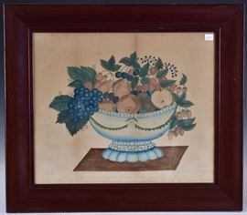 American Folk Art Still Life with Fruit	
15 1/2" x 18 1/2" watercolor
"Drawn and painted by Mrs. Emmeline Northrop, 
aged 87 years, Oct. 28th, 1887