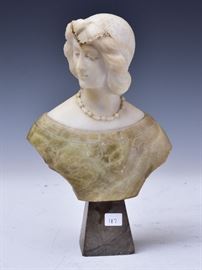 Italian Alabaster Bust	
Noble Woman
beaded hair piece
12" high
late 19th century