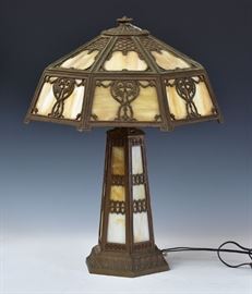Leaded Glass Overlay Table Lamp	
attributed to Charles Parker
20" diameter shade, 24" high
early 20th century