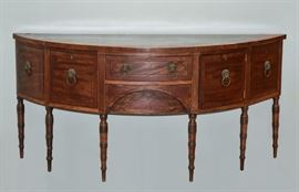 George III Inlaid Demilune Sideboard	
75" x , 25", 35 3/4" high
with inlaid cross banding
circa 1800