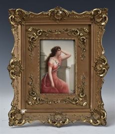 KPM Porcelain Plaque	
A Seated Beauty
6" x 4" (plaque)
signed Wagner
late 19th century