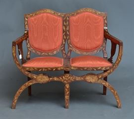 Dutch Marquetry Settee	
21" x 39 1/2", 37" high
circa 1900