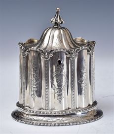 George III Sterling Silver Tea Caddy	
hallmarked London, 1772
7" high with scoop
18 troy ounces
early 19th century