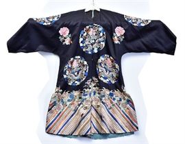 Chinese Silk Dragon Robe
Description	
45" long, 61 1/2" wide to edge of sleeves
circa 1900