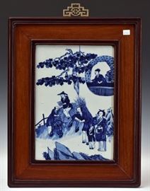 Chinese Blue and White Porcelain Plaque	
Court Scene
15" x 10" (plaque), 22" x 17" overall
