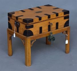 Oak Fitted Box on Stand	
with iron strapping
22" x 6 3/4", 19" high
early 20th century