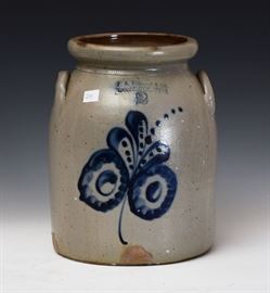 F. B. Norton Two Gallon Stoneware Crock           Cobalt Leaf Decoration
11" high, Worcester, Mass
late 19th century