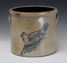 F. B. Norton Four Gallon Stoneware Crock
Cobalt Blue Bird Decoration on a Branch
10 1/2" high, Worcester, Mass
late 19th century