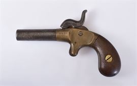 Percussion Boot Pistol
stamped "Hero"
2" barrel with brass frame and walnut grip
Most likely manufactured by
Manhattan Fire Arms Company or their
successor, American Standard Tool Co.
between 1868 and 1873
