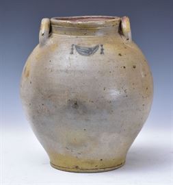 Three Gallon Incised Stoneware Crock
with blue cobalt swag
12 1/2" high, Charlestown
1st half of the 19th century